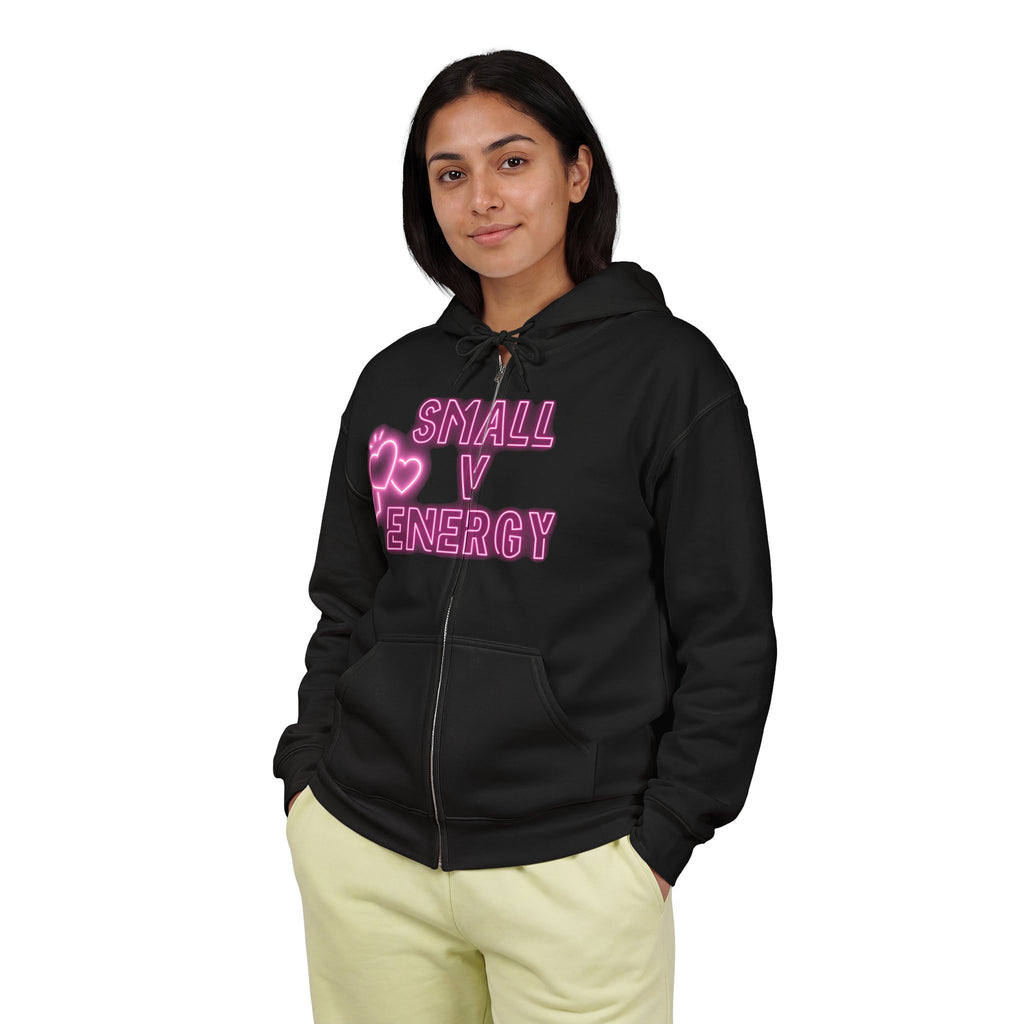 Small V Energy Hoodie | Neon Pink Heart Graphic Zip-Up Sweatshirt