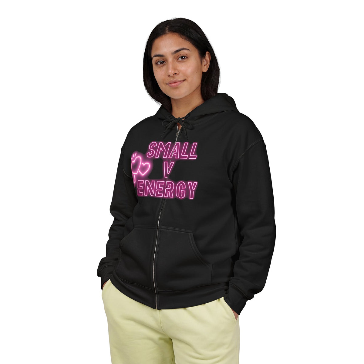 Small V Energy Hoodie | Neon Pink Heart Graphic Zip-Up Sweatshirt