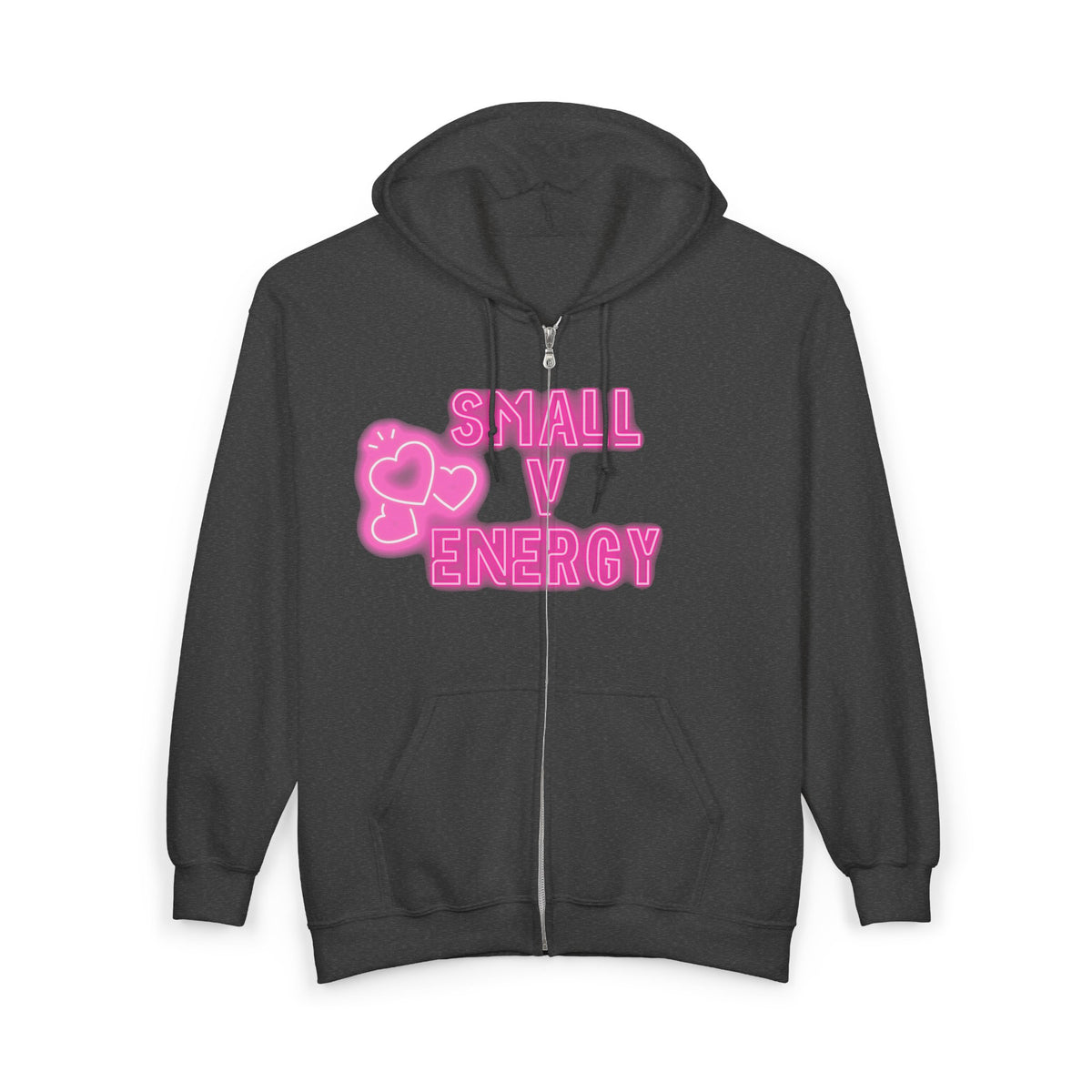 Small V Energy Hoodie | Neon Pink Heart Graphic Zip-Up Sweatshirt