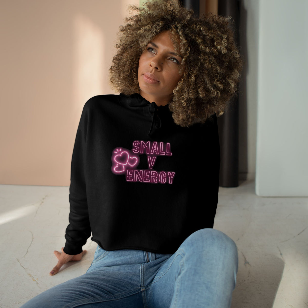 Small V Energy Crop Hoodie — Neon Pink Heart Graphic