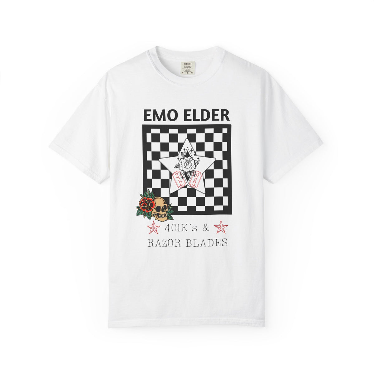 A white short-sleeve t-shirt with a graphic print on the front. The graphic features the text 'EMO ELDER' above a black and white checkerboard square with a central skull and crossbones design, and '401K's & RAZOR BLADES' printed below with small red stars.