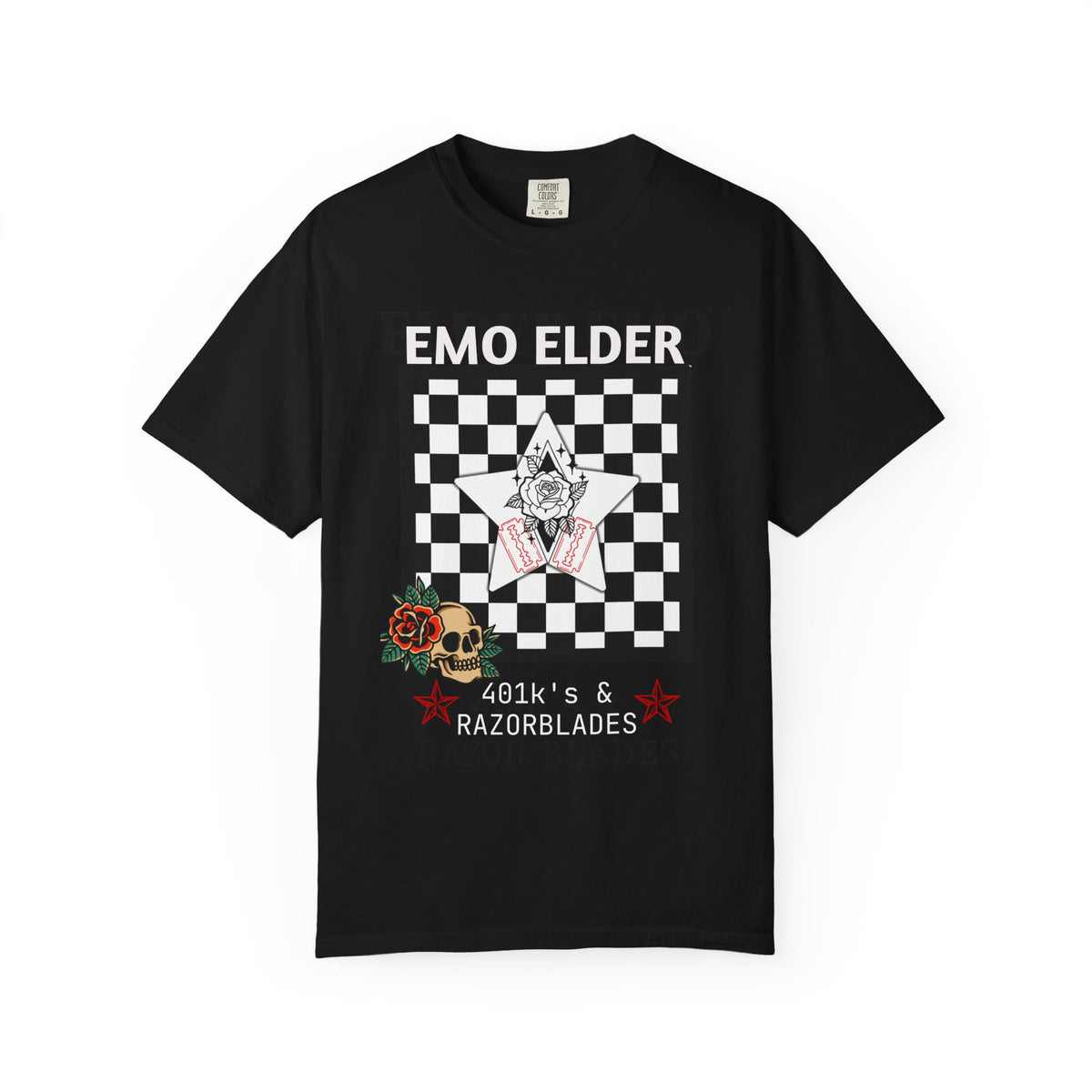 A black short-sleeve graphic t-shirt featuring a white and black checkerboard design with a central star, skull, and roses, and the text 'EMO ELDER' and '401K's & RAZORBLADES'.