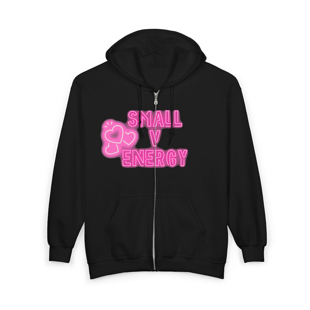 Small V Energy Hoodie | Neon Pink Heart Graphic Zip-Up Sweatshirt